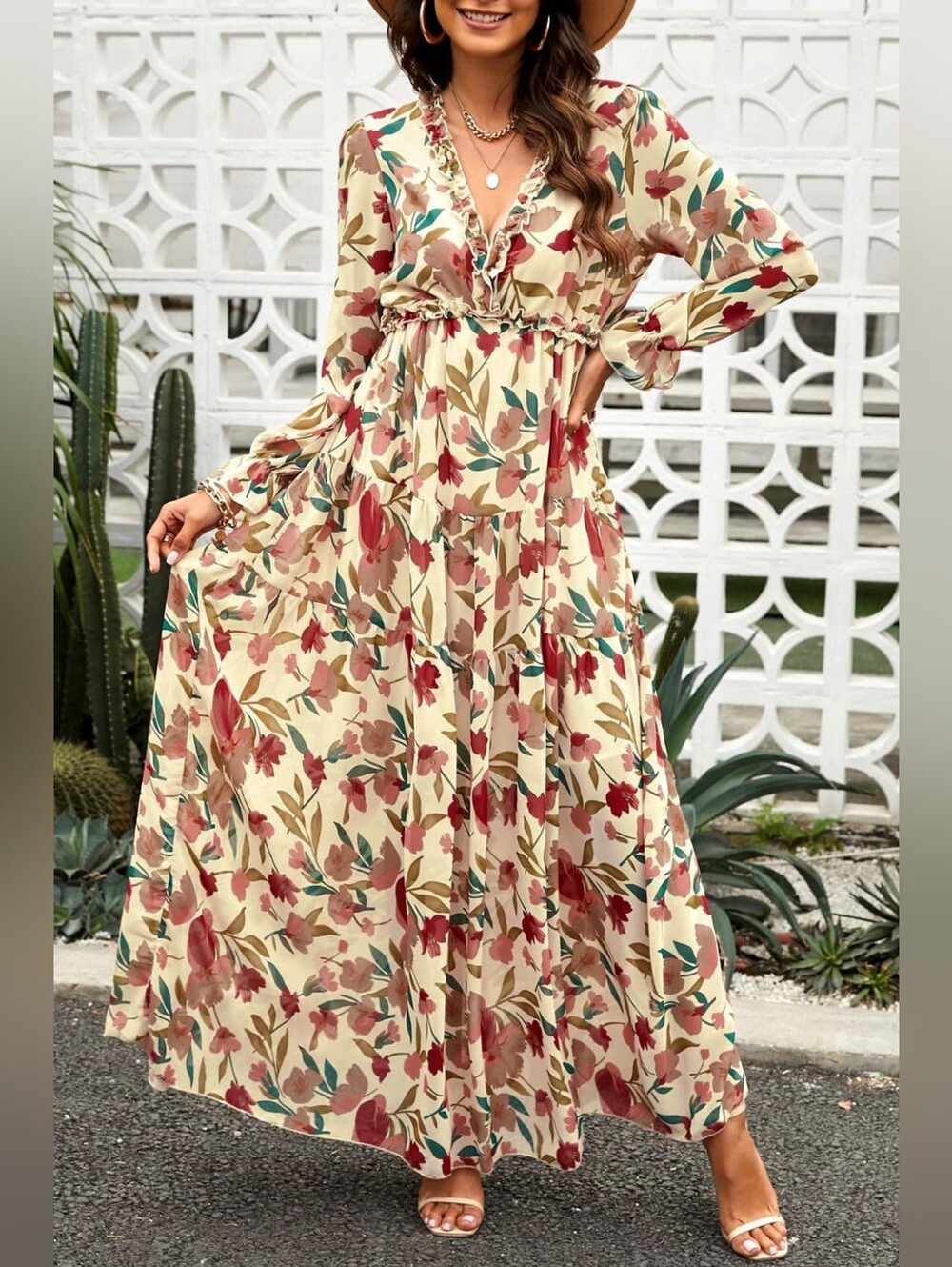 Floral Maxi Dress with Long Sleeves And Ruffles - Picture 2 of 10